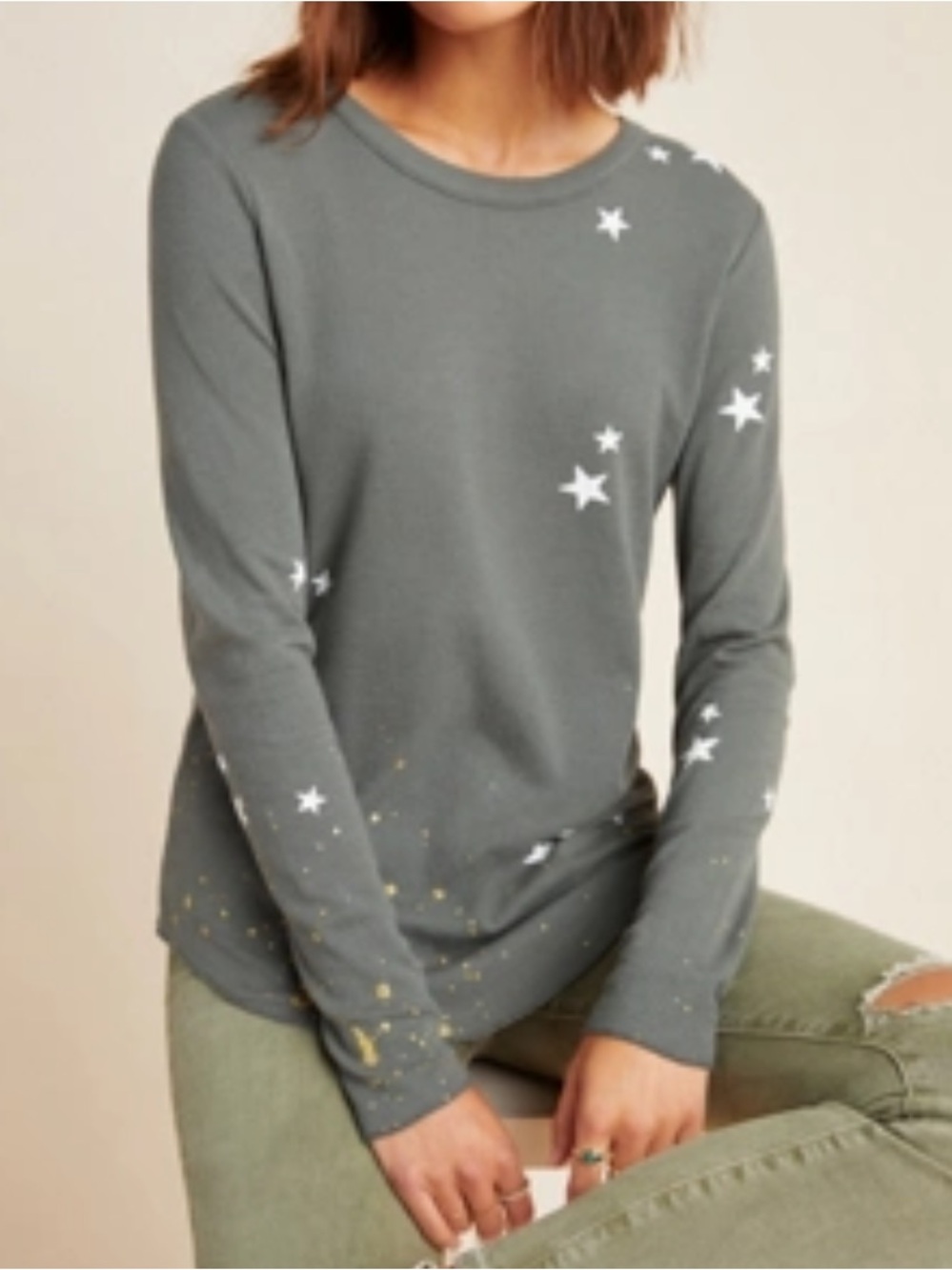 Chaser Olive Green Long-Sleeve Star Print Tee with Gold Speckle